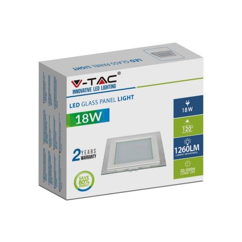 Panel LED V-TAC 18W LED Szkło Kwadrat VT-1881G SQ 3000K 1260lm