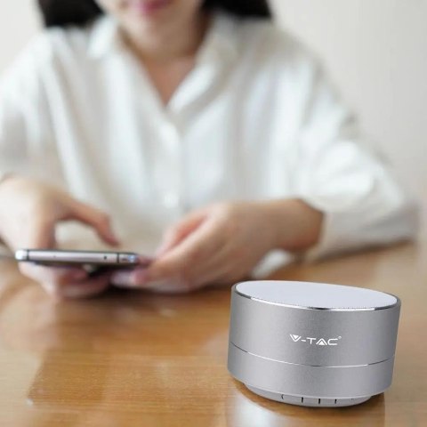 Przenośny Metalowy Głośnik Bluetooth Micro SD Mikrofon 400mAh Srebrny V-TAC VT-6133