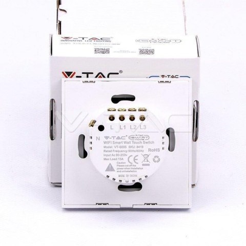 Włącznik Szklany SMART WiFi V-TAC Potrójny Biały Amazon Alexa, Google Home, Nest VT-5005