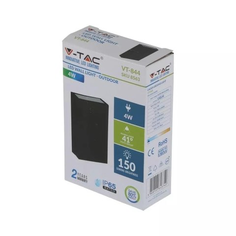 Oprawa Kinkiet Ścienny Góra Dół V-TAC 4W LED Czarna IP65 VT-844 6400K 150lm