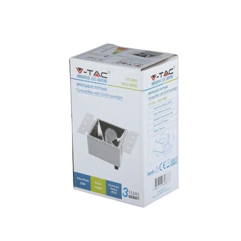 Oprawa Wpuszczana V-TAC GU10 Kwadratowa Biała Ramka, Odbłyśnik Chrom VT-890