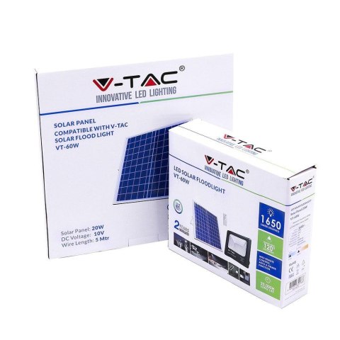 Naświetlacz Projektor LED Solarny V-TAC 20W Czarny IP65, Pilot, Timer VT-60W 4000K 1650lm