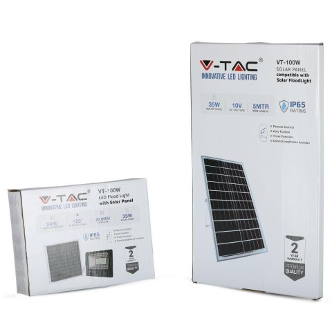 Naświetlacz Projektor LED Solarny V-TAC 35W Czarny IP65, Pilot, Timer VT-100W 4000K 2450lm