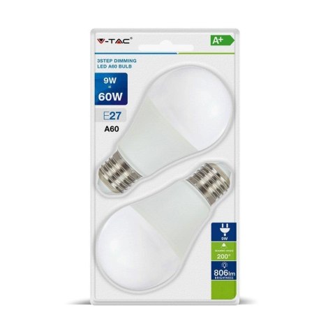 Żarówka LED V-TAC 9W E27 A60 3xKlik Ściemnialna (Blister 2szt) VT-2129-B 6400K 806lm