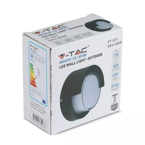 Oprawa Ścienna V-TAC 7W LED Czarna Okrągła IP65 VT-831 3000K 400lm