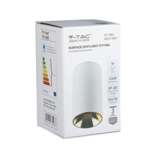 Lampa Oprawa Sufitowa V-TAC GU10 Okrągła Natynkowa Tuba Biały+Złoty 80x140mm VT-882-R 3 Lata Gwarancji