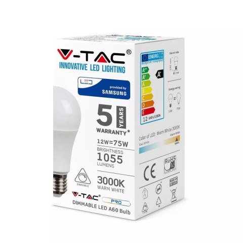 Żarówka LED V-TAC SAMSUNG CHIP 12W E27 A60 Ściemnialna VT-262D 3000K 1055lm 5 Lat Gwarancji