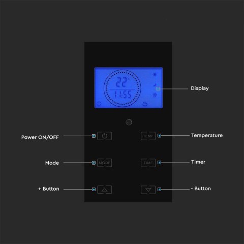 Grzejnik Panelowy Szklany 2000W LED Czarny PILOT LCD TIMER V-TAC VT-2000WRD-B