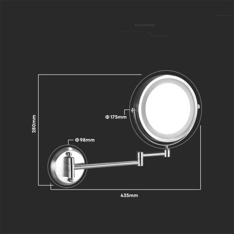 Lustro Ścienne V-TAC 3W LED Łazienka Makijaż 4xAAA Fi.17CM Chrom VT-7571 6400K 30lm