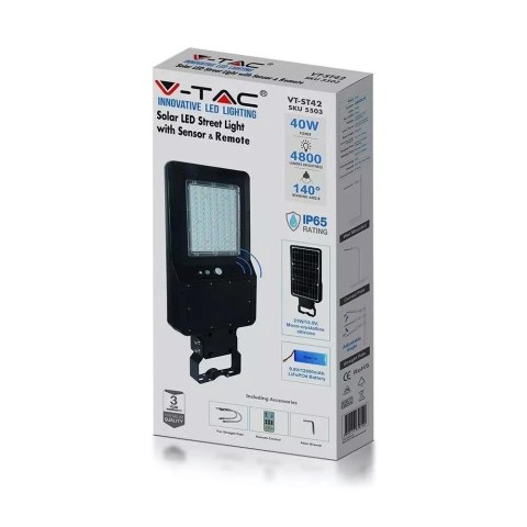 Lampa Oprawa Uliczna Solarna V-TAC 40W LED Czarna IP65 120Lm/W VT-ST42 4000K 4800lm 3 Lata Gwarancji