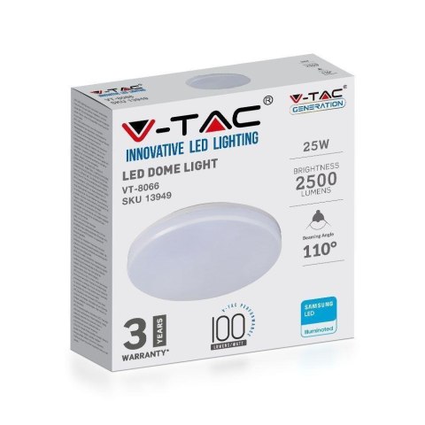 Plafon Natynkowy Okrągły V-TAC 25W LED SAMSUNG CHIP IP44 100Lm/W VT-8066 6400K 2500lm 3 Lata Gwarancji