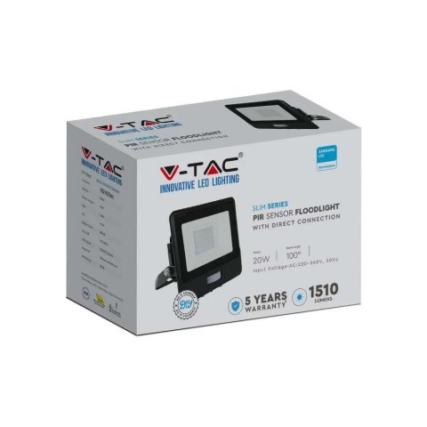 Naświetlacz Projektor LED V-TAC 20W SAMSUNG CHIP Czujnik Ruchu Czarny Z MUFĄ VT-128S 6500K 1510lm 5 Lat Gwarancji