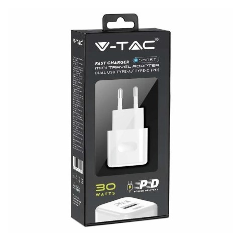 Ładowarka USB V-TAC SZYBKA 30W Biała MINI Dual USB Type-A Type-C VT-5330-W