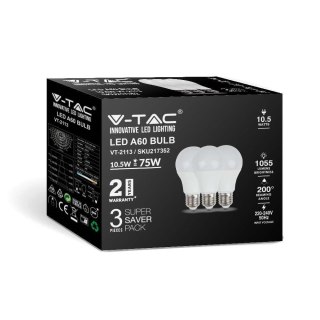 Żarówka LED V-TAC 10,5W E27 A60 (Opak. 3szt) VT-2113 6400K 1055lm