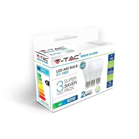 Żarówka LED V-TAC 8,5W E27 A60 Zestaw (Opak. 3szt) VT-1900 4000K 806lm