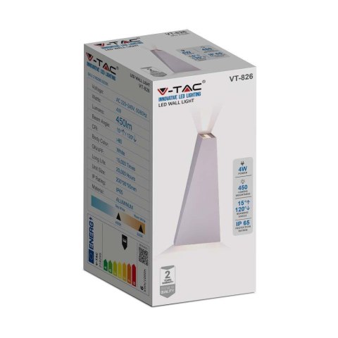 Kinkiet Ścienny V-TAC 4W LED Biały IP65 VT-826-W-N 4000K 476lm