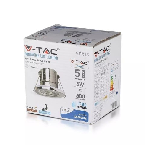 Oczko LED V-TAC SAMSUNG CHIP 5W Hermetyczne IP65 Ściemnialne Chrom VT-885-C 4000K 500lm 5 Lat Gwarancji