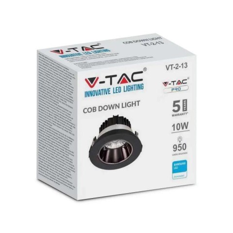 Oprawa Downlight V-TAC SAMSUNG CHIP 10W Czarna Uchylna VT-2-13 3000K 950lm 5 Lat Gwarancji