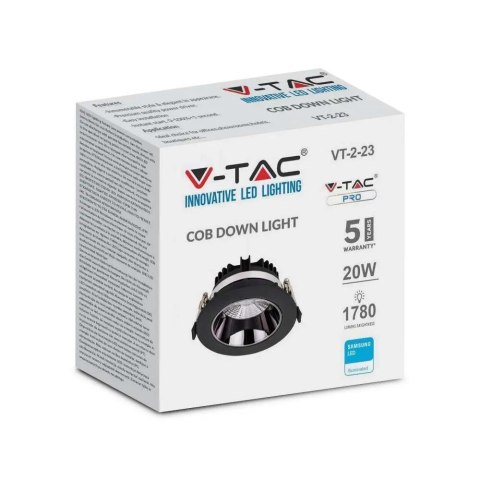 Oprawa Downlight V-TAC SAMSUNG CHIP 20W Czarna Uchylna VT-2-13 3000K 1780lm 5 Lat Gwarancji