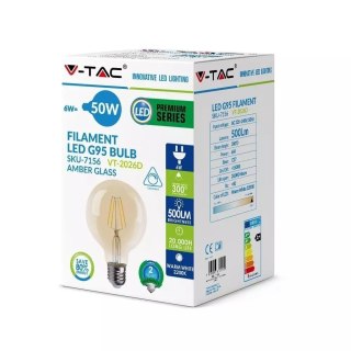 Żarówka LED V-TAC 6W Filament E27 Kula G95 Bursztyn Ściemnialna VT-2026D 2200K 600lm