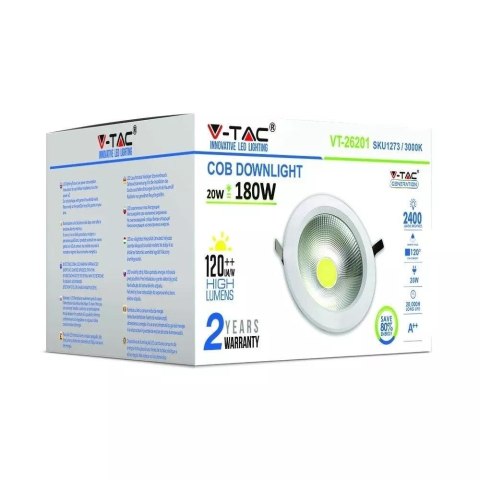 Oprawa 20W LED V-TAC COB Downlight Okrągły 120Lm/W VT-26201 3000K 2400lm