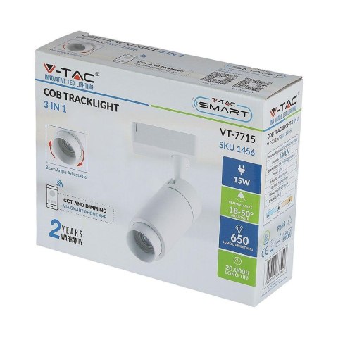 Oprawa LED V-TAC Szynosystem 3F 15W Biała Bluetooth Barwa CCT 16-53st VT-7715-W 650lm