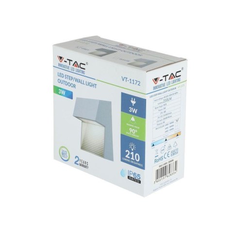 Oprawa Ścienna Elewacyjna 3W LED V-TAC Szary Kwadrat 230V IP65 VT-1172-G 4000K 210lm