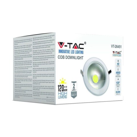 Oprawa V-TAC Downlight 40W COB Okrągła 120Lm/W VT-26451 3000K 4800lm