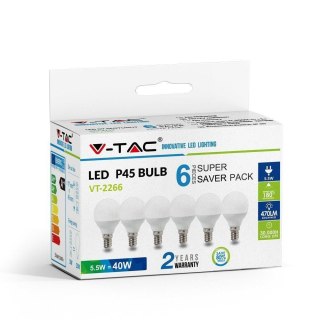 Żarówka LED V-TAC 5.5W E14 Kulka P45 (Opak. 6szt) VT-2266 6400K 470lm