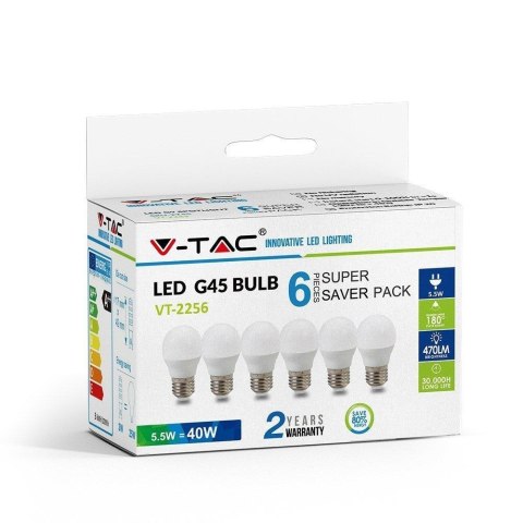 Żarówka LED V-TAC 5.5W E27 Kulka G45 (Opak. 6szt) VT-2256 4000K 470lm