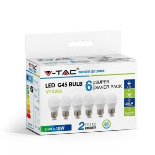 Żarówka LED V-TAC 5.5W E27 Kulka G45 (Opak. 6szt) VT-2256 6400K 470lm