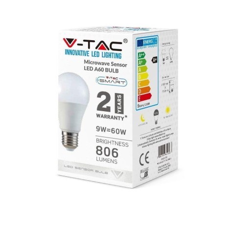 Żarówka LED V-TAC 9W E27 A60 Czujnik Mikrofalowy VT-2219 6400K 806lm