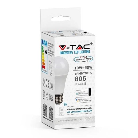 Żarówka LED WiFi V-TAC 10W E27 A60 SMART Amazon Alexa Google Home VT-5119 RGB+2700K-6400K 806lm
