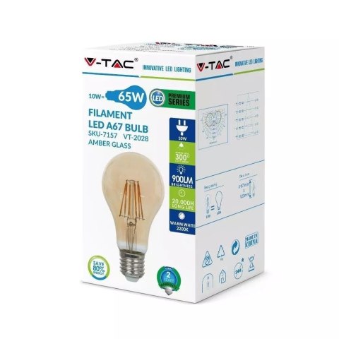 Żarówka LED V-TAC 10W Filament E27 A67 Bursztyn VT-2028 2200K 900lm