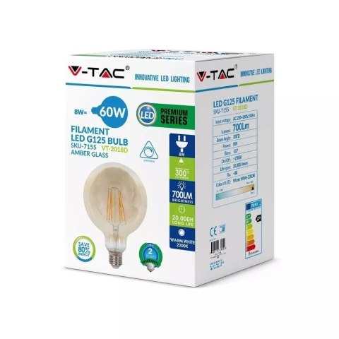 Żarówka LED V-TAC 8W Filament E27 Kula G125 Bursztyn Ściemnialna VT-2018D 2200K 700lm