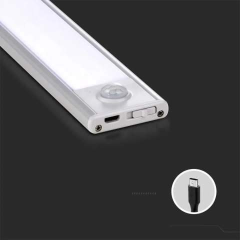 Oprawa podszafkowa V-TAC 1,5W LED Srebrna Czujnik Ruchu Ładowanie USB 30cm VT-8141 3000K 110lm