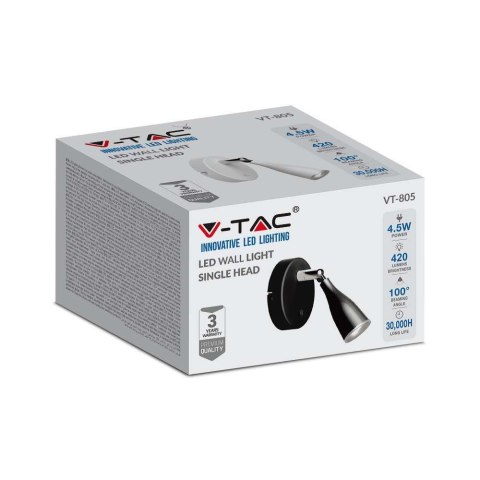 Kinkiet V-TAC 4,5W LED Czarny z włącznikiem VT-806 3000K 420lm 3 Lata Gwarancji
