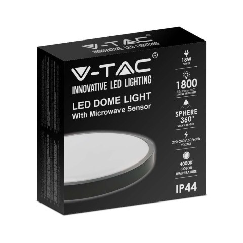 Plafon V-TAC 18W LED Okrągły IP44 Czujnik Ruchu Mikrofalowy 23cm Czarny VT-8618S-B-RD 4000K 1800lm