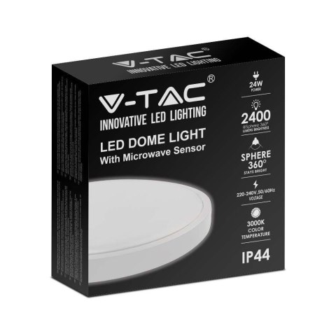 Plafon V-TAC 24W LED Okrągły IP44 Czujnik Ruchu Mikrofalowy 30cm Biały VT-8624S-W-RD 6500K 2400lm