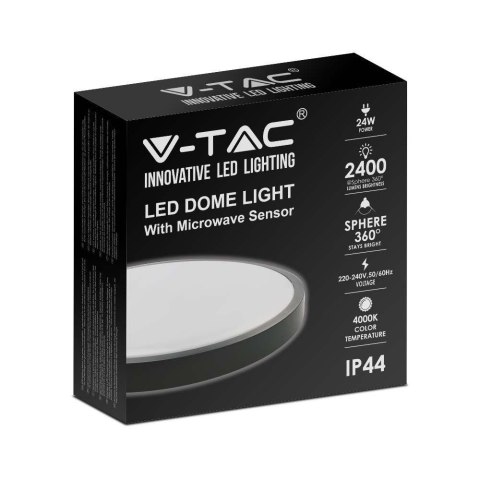 Plafon V-TAC 24W LED Okrągły IP44 Czujnik Ruchu Mikrofalowy 30cm Czarny VT-8624S-B-RD 4000K 2400lm