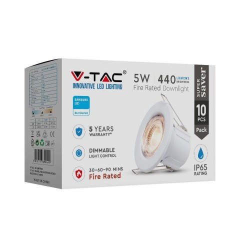Oczko LED V-TAC SAMSUNG CHIP 5W Hermetyczne IP65 Ściemnialne Białe (Opak. 10szt) VT-885 3000K 440lm 5 Lat Gwarancji