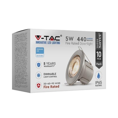 Oczko LED V-TAC SAMSUNG CHIP 5W Hermetyczne IP65 Ściemnialne Satyna (Opak. 10szt) VT-885 4000K 440lm 5 Lat Gwarancji
