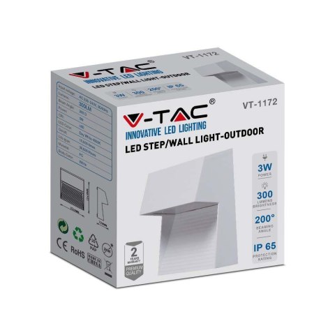 Oprawa Ścienna Elewacyjna 3W LED V-TAC Biała Kwadrat 230V IP65 VT-1172-W-N 3000K 300lm