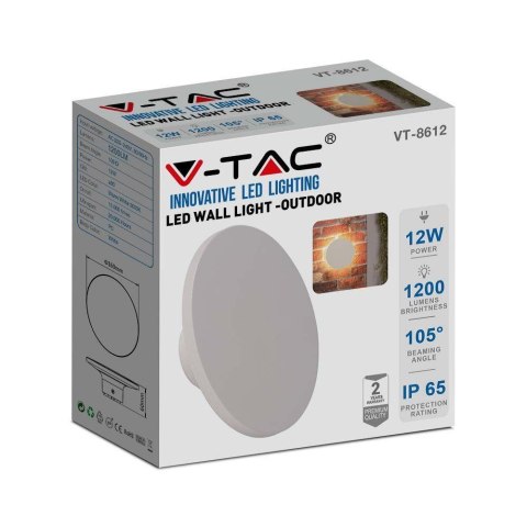 Oprawa Ścienna Kinkiet 12W V-TAC Biały Okrągły IP65 VT-8612W-RD 3000K 1200lm