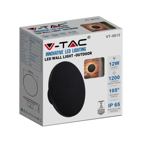 Oprawa Ścienna Kinkiet 12W V-TAC Czarny Okrągły IP65 VT-8612B-RD 3000K 1200lm