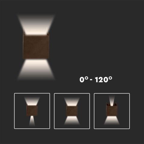 Oprawa Ścienna V-TAC 11W LED Góra Dół Regulowana Brąz Corten Kwadrat IP65 VT-759-12 3000K 1360lm