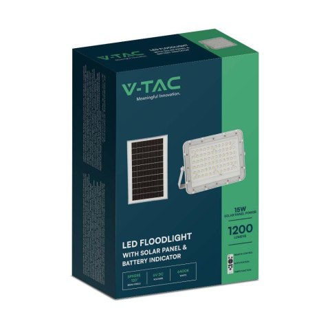 Projektor LED Solarny V-TAC 15W Pilot, AUTO, Timer, IP65 Biały VT-120W-W 6400K 1200lm