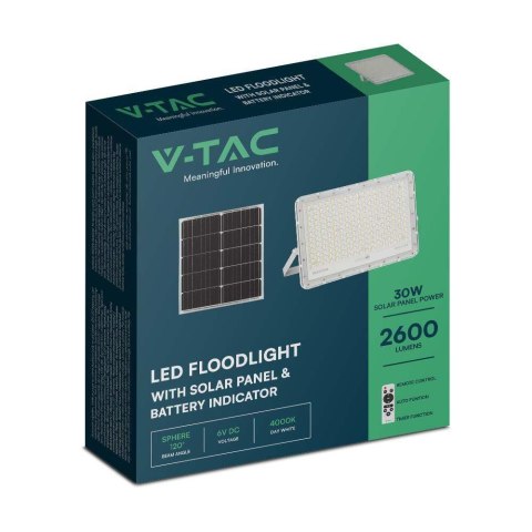 Projektor LED Solarny V-TAC 30W Pilot, AUTO, Timer, IP65 Biały VT-240W-W 6400K 2600lm