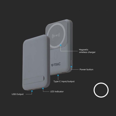 Power Bank V-TAC 10000mAh SLIM TYPE C Szary Ładowanie bezprzewodowe VT-3529
