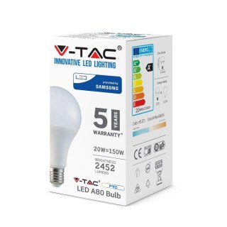 Żarówka LED V-TAC SAMSUNG CHIP 20W E27 A80 VT-233 4000K 2452lm 5 Lat Gwarancji
